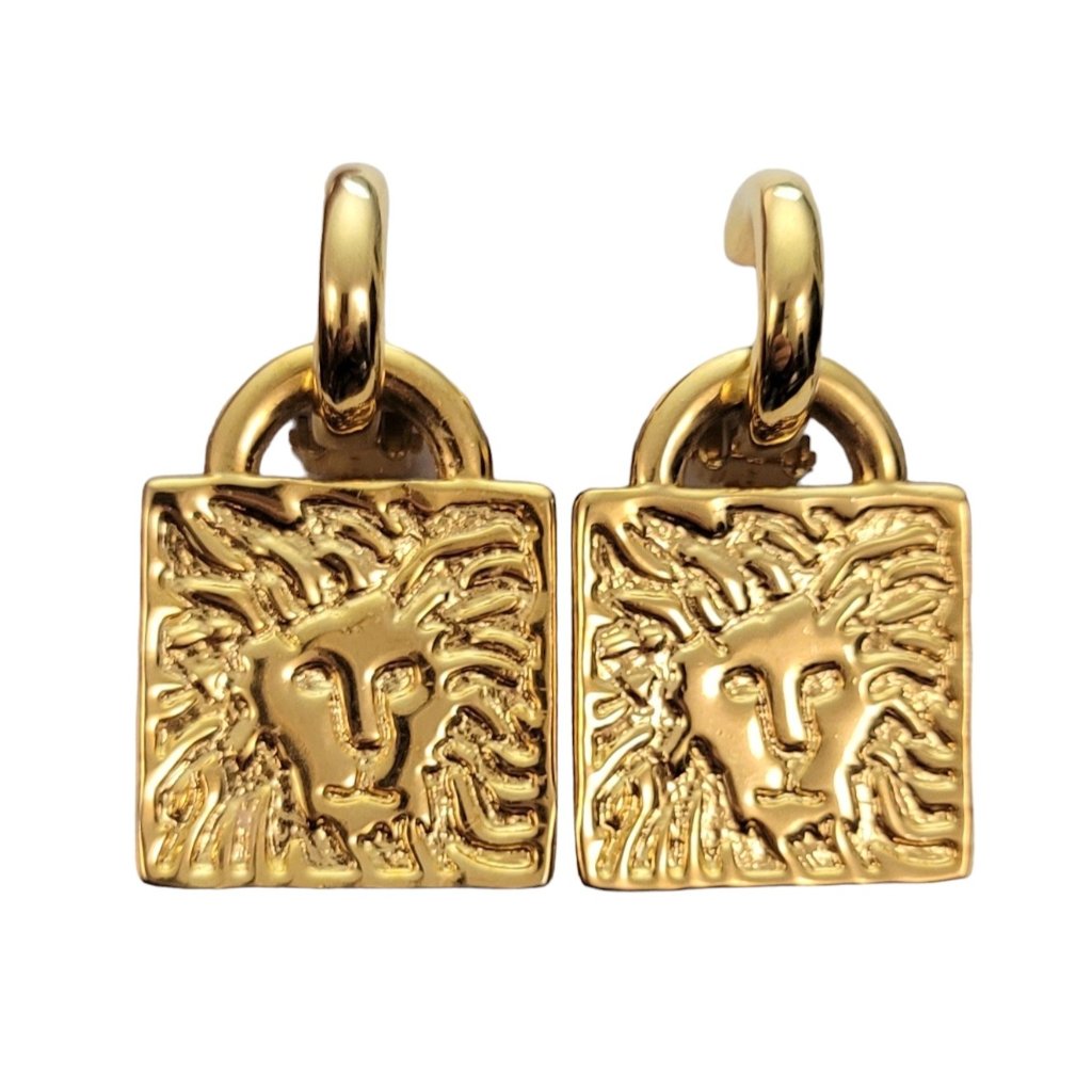 Anne Klein Gold-Tone Hoop Square Signature Lion Head Jacket Clip Earrings E965 78$